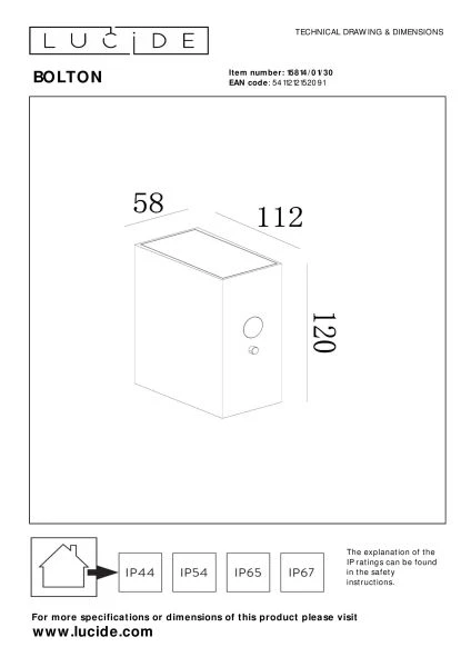 Lucide BOLTON - Wall light Indoor/Outdoor- Solar - LED Dim. - 1x1W 2850K/3150K - IP54 - Day/Night Sensor - Black - technical